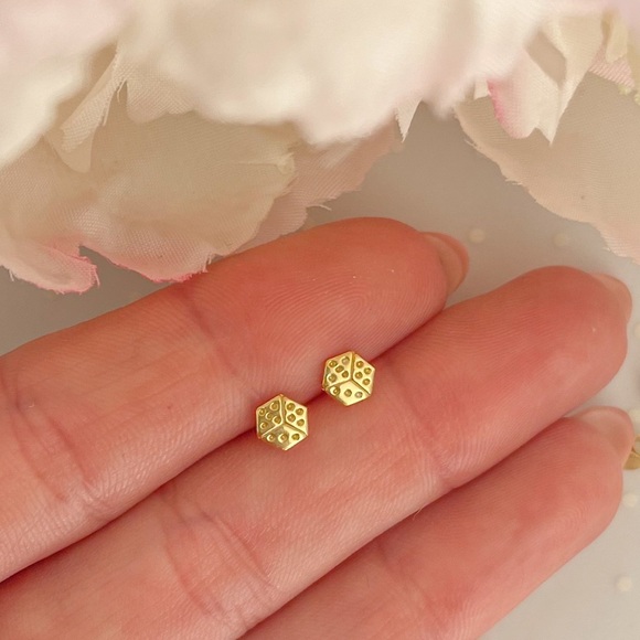 18k Gold tiny dice stud earrings over 925 Sterling silver - Picture 2 of 5